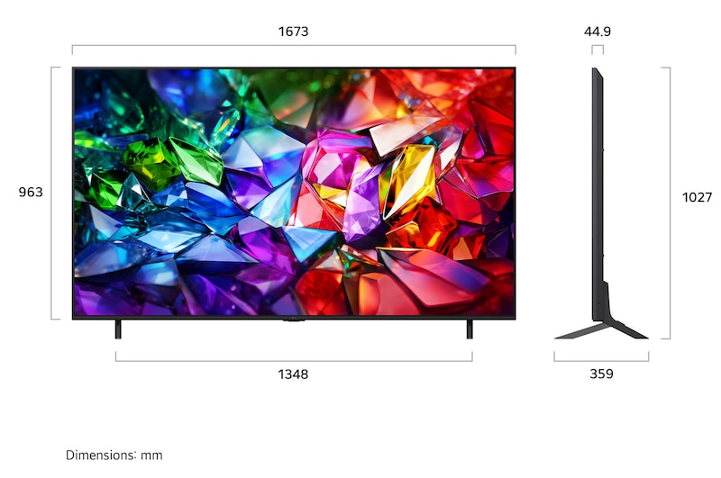 LG Micro RGB evo AI MRGB96 toont aan de voor- en zijkant een 100-inch display met een scherm van 2230 mm breed, een schermhoogte van 1277 mm, een hoogte van 1374 mm met standaard, een diepte van 49,9 mm en een standaardvoetafdruk van 1725 bij 415 mm.